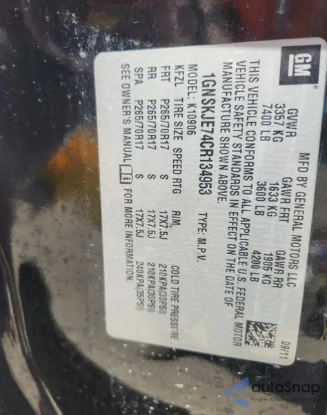 2012 Chevrolet Suburban K1500 Lt from USA, damaged, VIN 1GNSKJE74CR134953